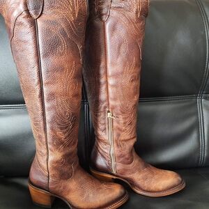 Women's Over-the-Knee Brown Leather Boots with Side Zip